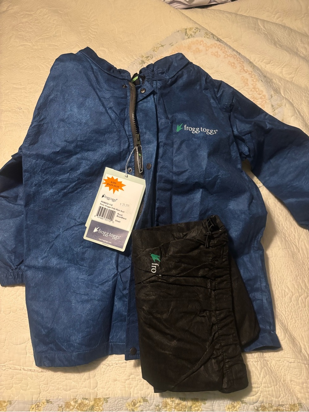 frogg toggs Kids Waterproof Blue Rain Jacket and Black Pants Set